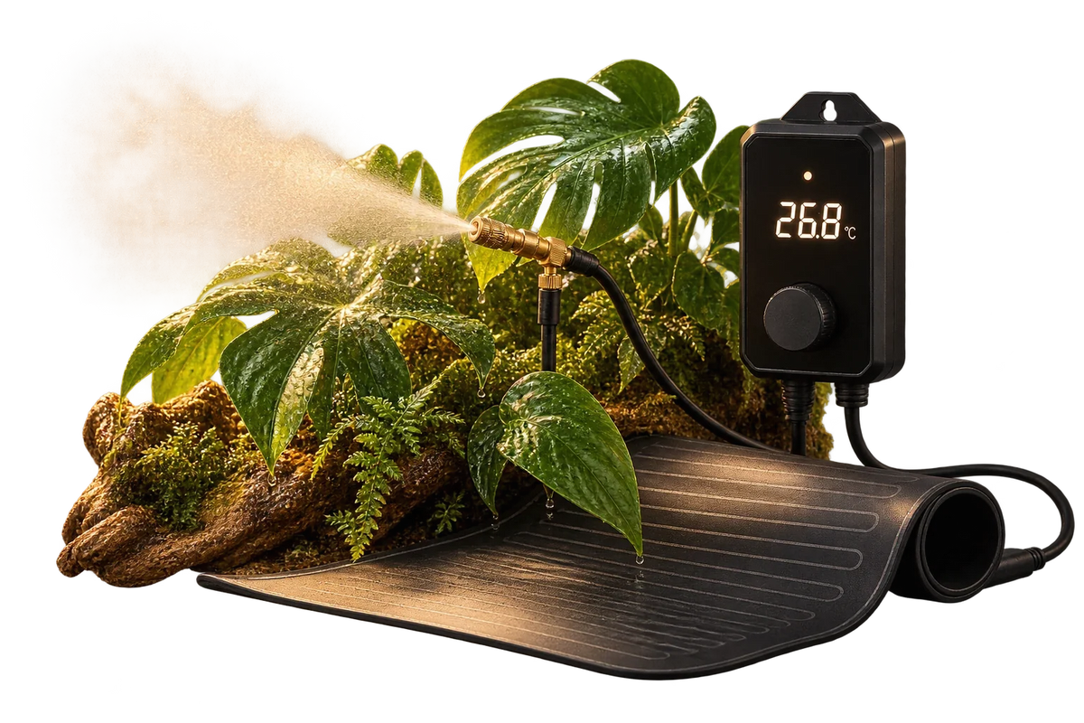 Digitalthermostat mit Display, Sprühdüse mit feinem Nebel über Blättern und eine Heizmatte