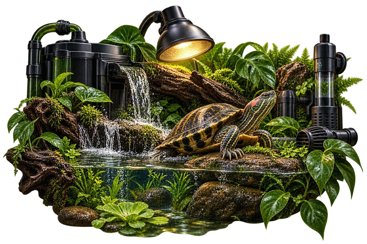 Aquaterrarium mit Rotwangen-Schmuckschildkroete, Filter und Pumpe