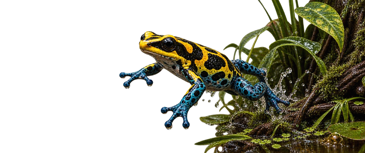 Pfeilgiftfrosch am Wasserrand zwischen Moos und Pflanzen