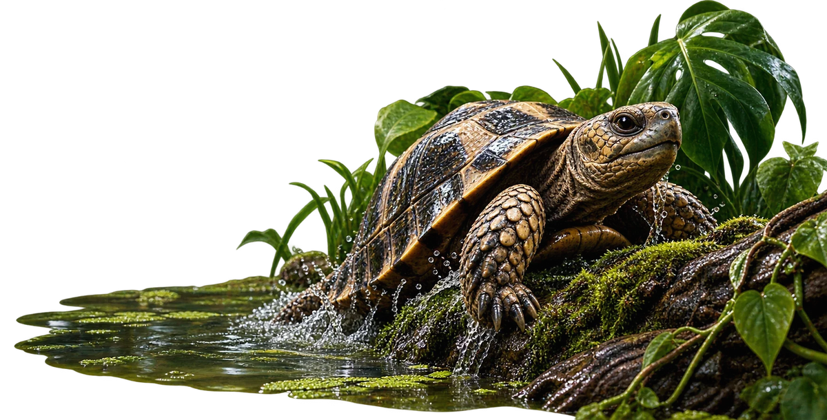 Griechische Landschildkroete am Wasserrand auf bemoostem Holz
