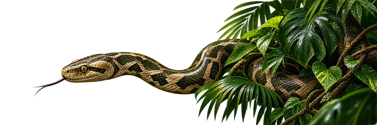 Tigerpython auf einem Ast zwischen Monstera-Blaettern