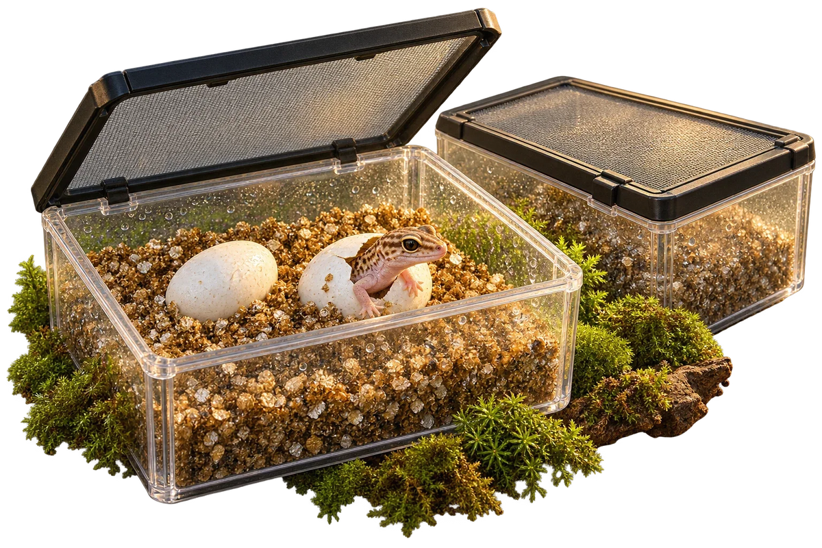 Aufzuchtbox mit Gazedeckel, darin Vermiculit mit zwei Eiern und einem schlüpfenden Leopardgecko