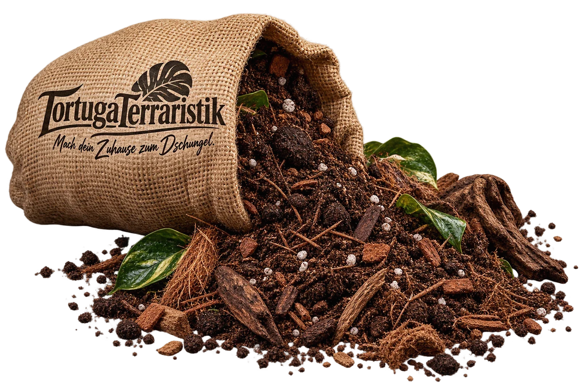 Jutesack mit Terrarienerde, Kokoschips und Rindenstuecken